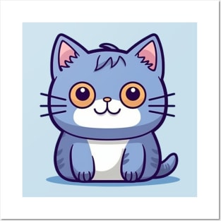 Kawaii Chibi Blue Kitty - Adorable Face, Cute Cat Art Posters and Art